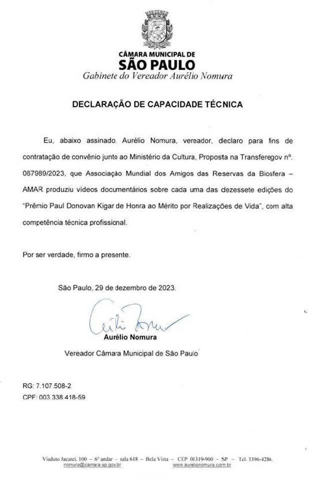 Carta de Reconhecimento técnico falando da capacidade técnica na produção de documentários em vídeo